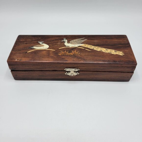 Vintage Handcrafted Wooden Jewelry Trinket Box Inlaid Peacock Design Metal Latch - Picture 2 of 16